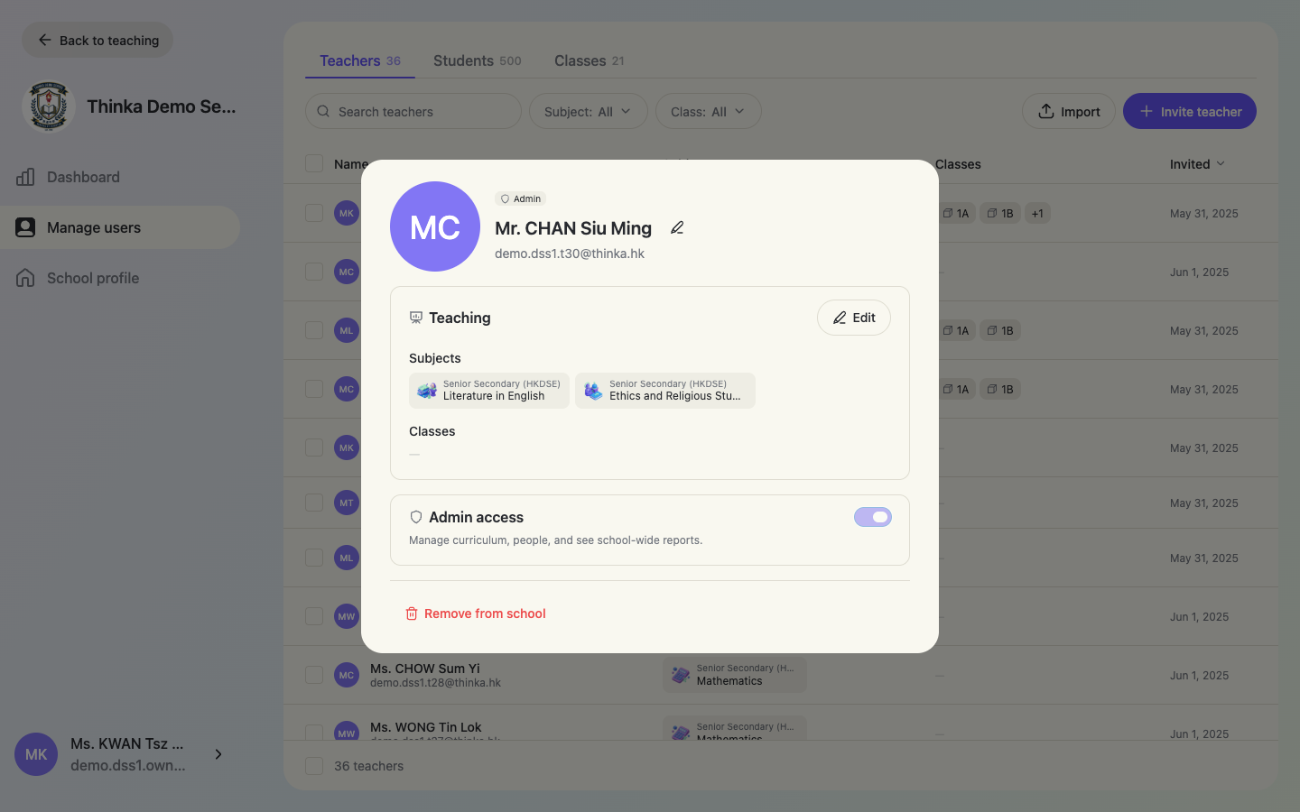 Toggle “Admin access” on a teacher